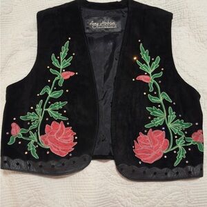 Elegant Real Suade Floral Vest with Embroidery and Crystals